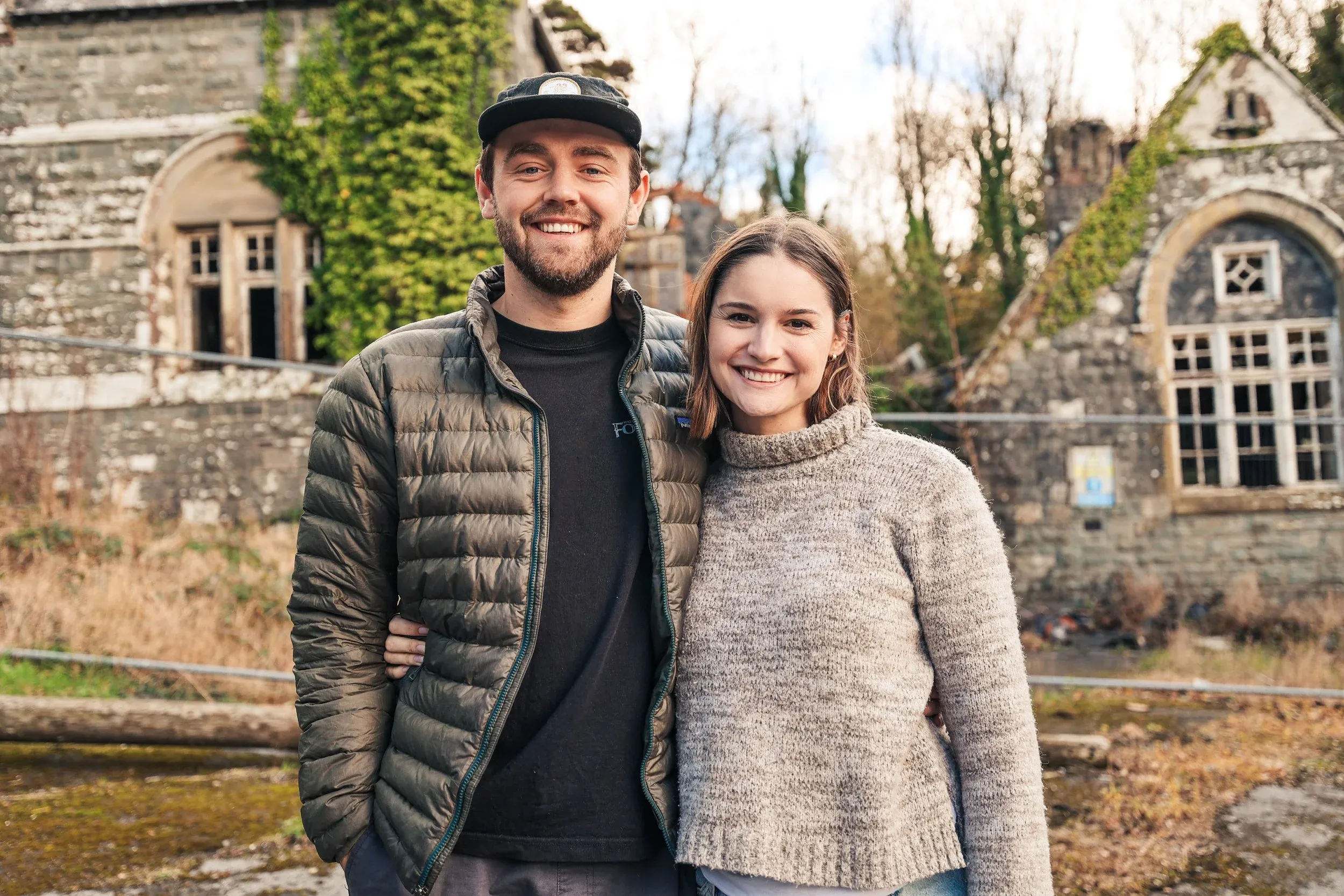 Zach and Becka in front of the school
